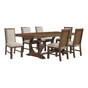 Addicus 7-Piece Rectangle Rustic Oak and Beige Wood Top Dining Room Set (Seats 6)