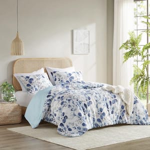 Gabby 3-Piece Navy/Blue Microfiber Full/Queen Reversible Floral Botanical Seersucker Comforter Set