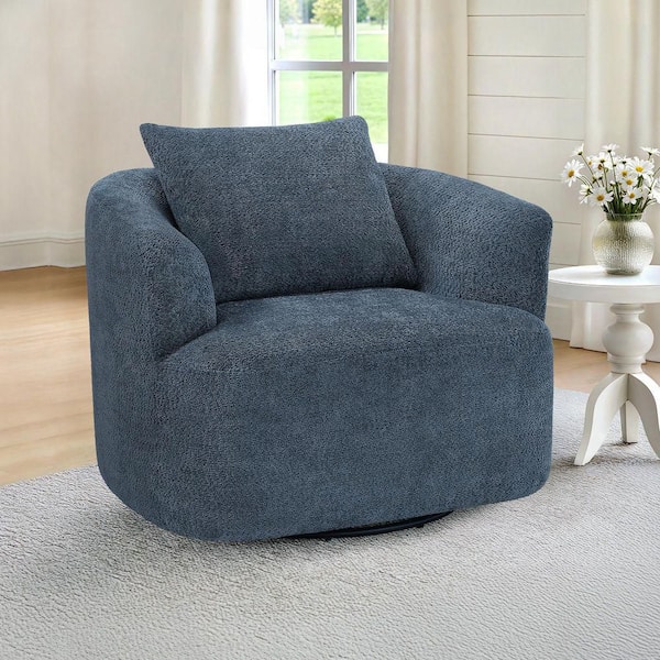 OrangeOne Navy Chenille Fabric Upholstered 360° Swivel Accent Chair Metal Base Swivel Barrel Chair with Pillow