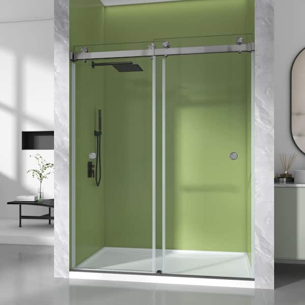 56-61 in. W x 76 in. H Double Sliding Frameless Shower Door in Gungray with 3/8 in. Clear SGCC Glass, 2-Finger Pulls