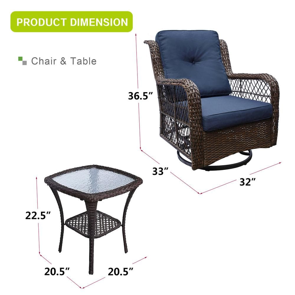 Blue Wicker Outdoor Swivel Rocking Patio Chair Set with Table