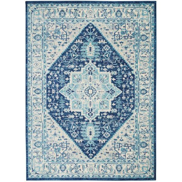 6 ft. x 9 ft. Ivory And Blue Floral Medallion Distressed Area Rug