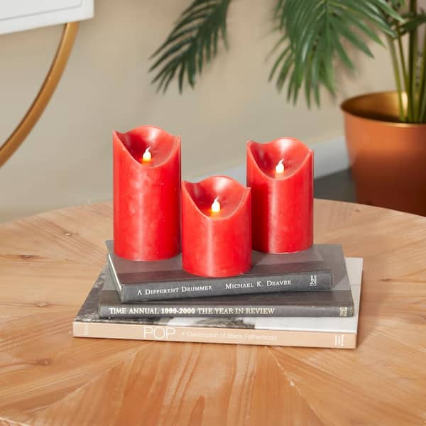 Litton Lane Red Wax Traditional Flameless Candle( Set of 3)