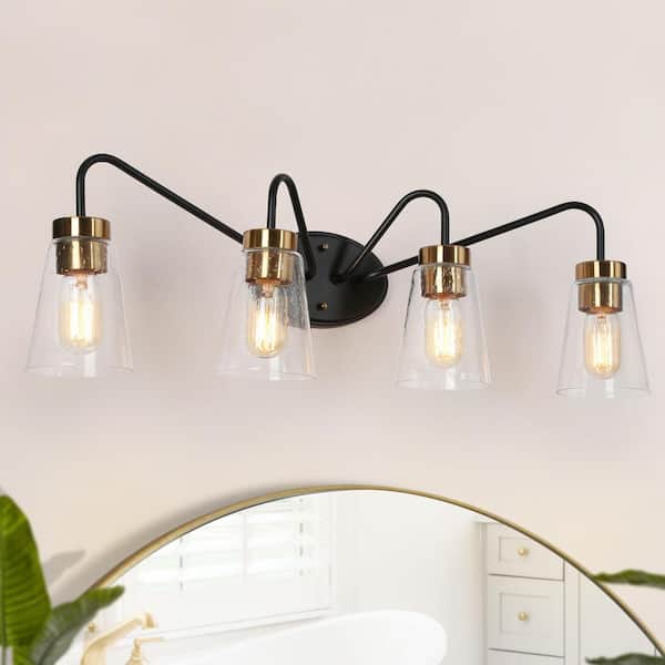 Zevni 28.5 in. 4-Light Black Industrial Bathroom Vanity Light, Seeded Glass Bath Lighting, Modern Brass Gold Wall Sconce