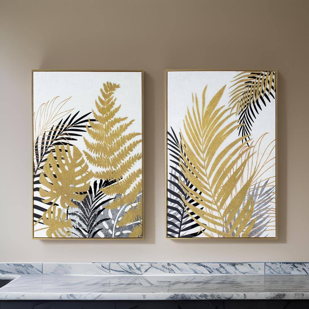 Gold and Black Framed Palm Leaf Canvas Wall Art Set