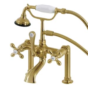 Aqua Vintage 3-Handle Deck-Mount Clawfoot Tub Faucets with Hand Shower in Brushed Brass
