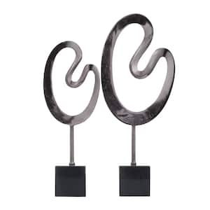 Black Marble Abstract Sculpture with Black Base (Set of 2)