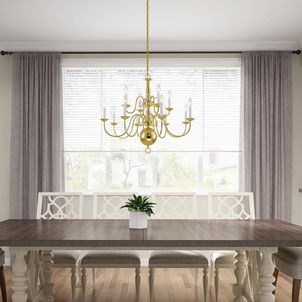 Elegant Colonial 12-Light Polished Brass Chandelier with Candelabra Base