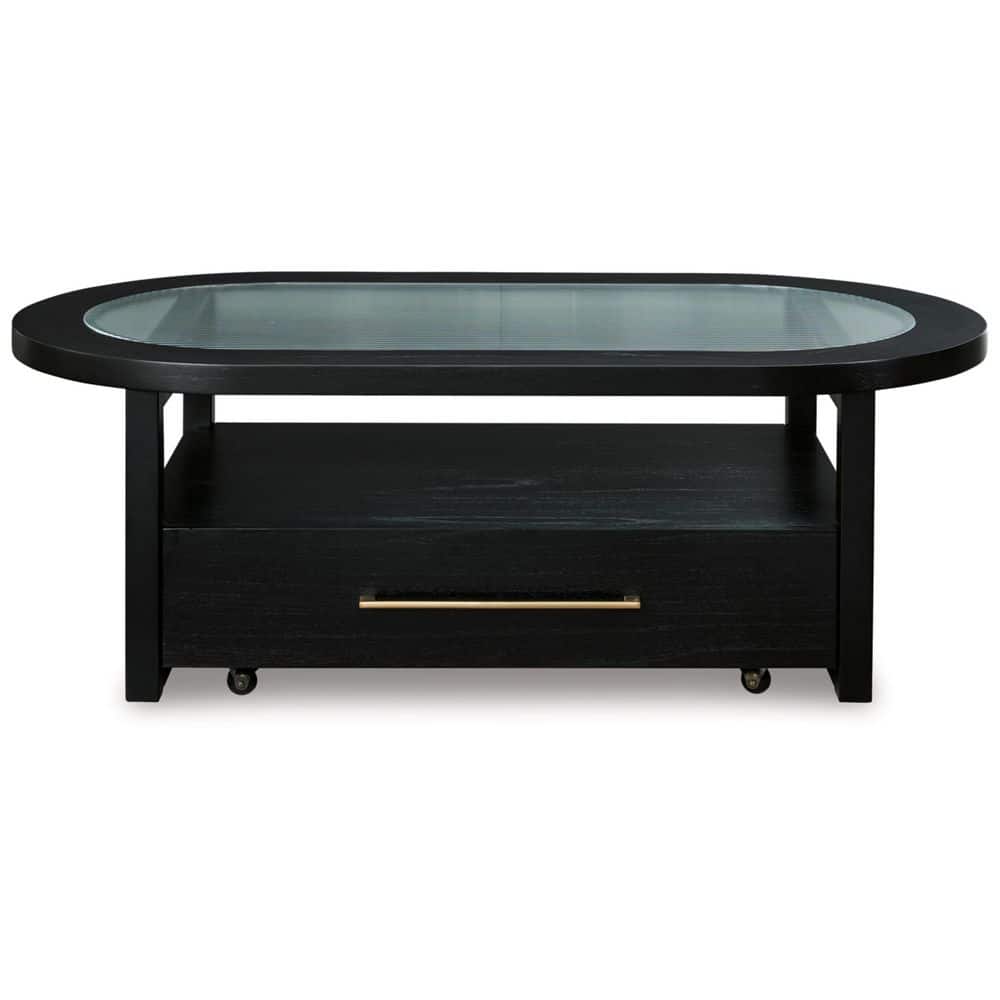 Black Oval Wood and Glass Lift-Top Coffee Table with Storage