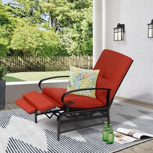 Adjustable Black Metal Outdoor Recliner with Red Cushions