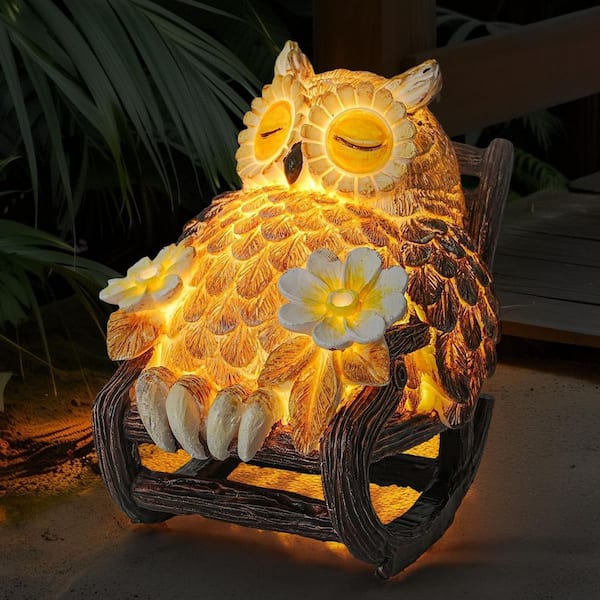 Solar-Powered Owl Statue on Chair, Cute LED Owl Figure for Home