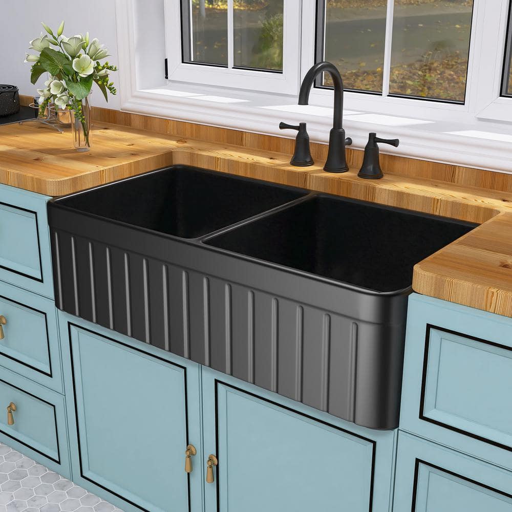 FAMYYT 33 in. Farmhouse/Apron-Front Double Bowl Black Fireclay Kitchen ...