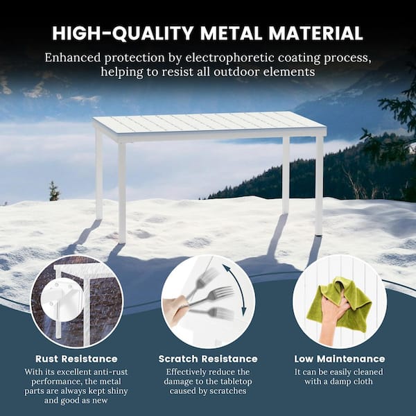 FrondandForm Modern Outdoor Patio 7-Piece Rectangular Iron Dining Set w/ Plastic Stackable Chairs, White