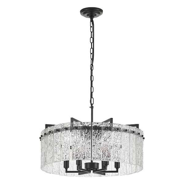 Modern 6-Light Black lsland Chandelier Luxury Ceiling Light with Glam Glass Drum Shade for Dining Room No Bulbs Included