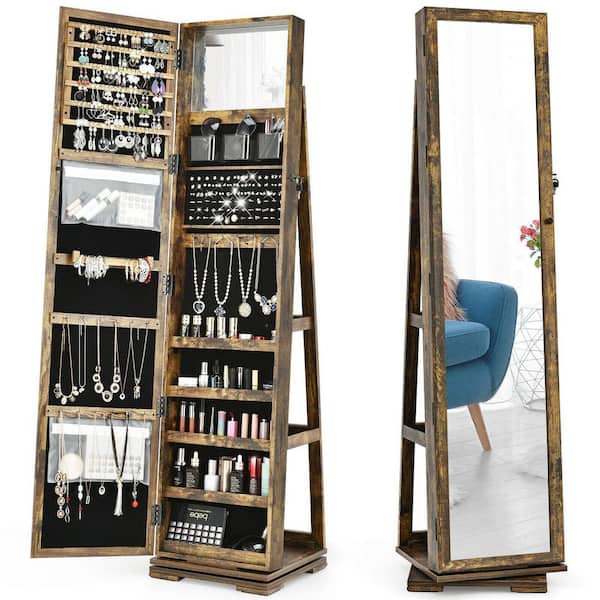 15 in. x 63.5 in. Rustic Brown MDF 360° Rotatable Jewelry Boxes Organizer Armoire with Mirror