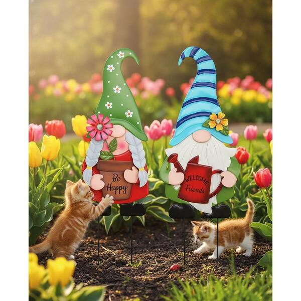 Unbrand 27.6 in. 2-Pack Metal Gnome Garden Stakes - Flower Spring