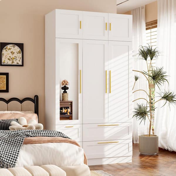 White Wood 47 in. W Armoire, Wardrobe with 4-Drawers, 6-Shelves, 1-Hanging Bar, 1-Mirrored Door & 5-Normal Doors