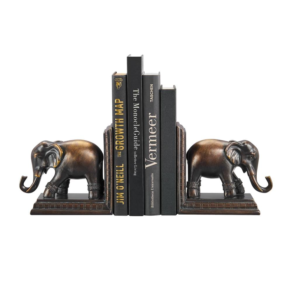 Bronze Patina Elephant Bookends Set with Ornate Design