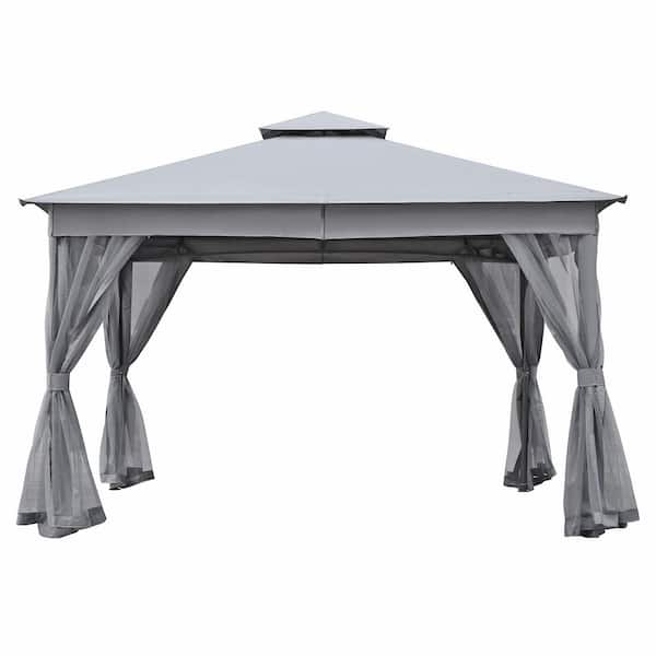 10 ft. x 12 ft. Gray Outdoor Gazebo Tent with Double Roofs with Mosquito Netting