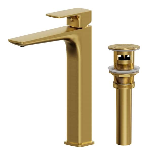 11.5 in. H 1-Handle Solid Brass Bathroom Single-Hole Vessel Sink Faucet with Drain in Brushed Gold
