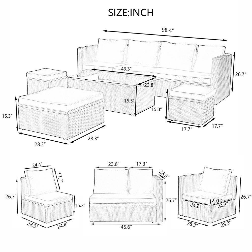 7-Piece Red Cushioned Dark Gray Wicker Outdoor Sectional Sofa Set