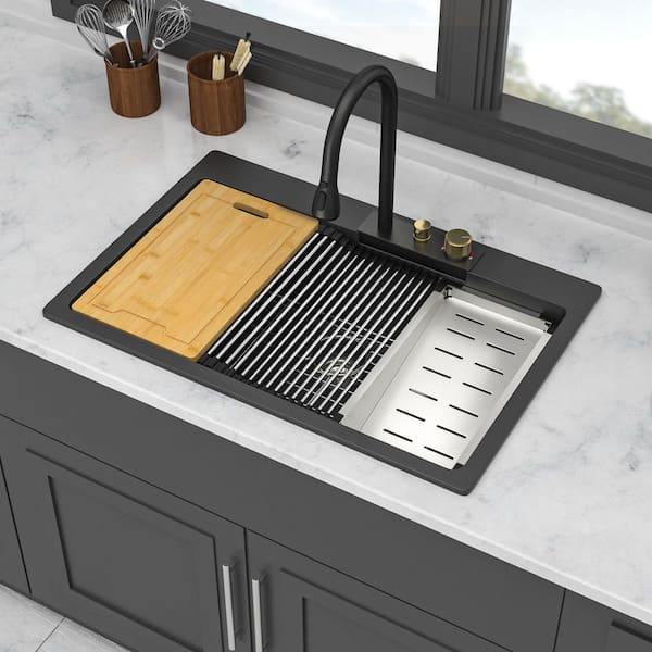 33 in. Drop-In Single Bowl Black Quartz Kitchen Sink with Faucet and Workstation