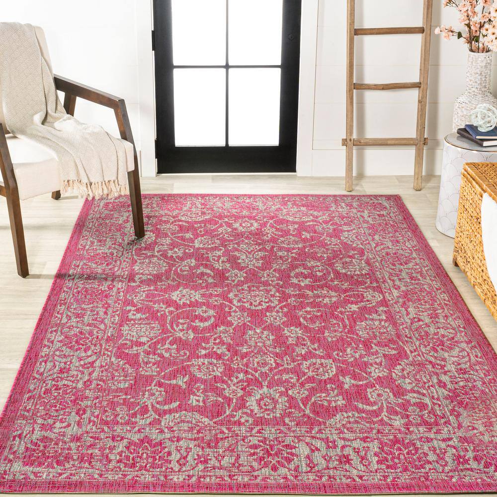 Fuchsia and Light Gray Floral Synthetic 5'3" x 7'7" Reversible Area Rug