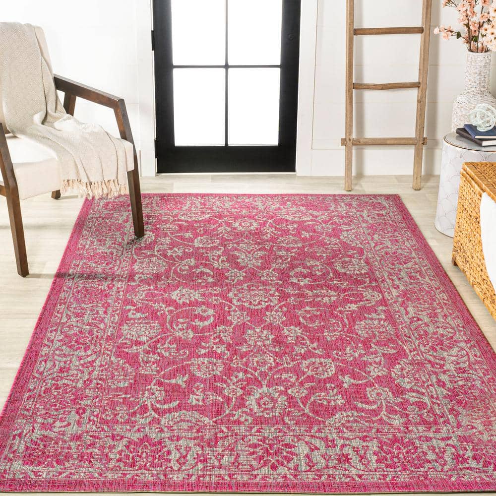 9' x 12' Fuchsia and Light Gray Floral Synthetic Area Rug