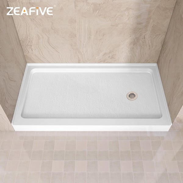 Zeafive Zeno 60 in. L x 32 in. W Acrylic Alcove Shower Pan Base with Right Drain in White Non-Slip Single Threshold Shower Tray