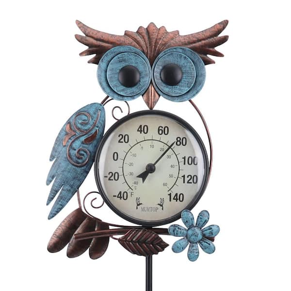 Outdoor Thermometer, 42 in. Metal Owl Garden Stake Outside Wall Thermometer
