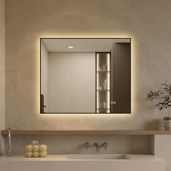 36 in. W x 30 in. H Rectangular Framed Backlit LED Anti-Fog Wall Bathroom Vanity Mirror in Black