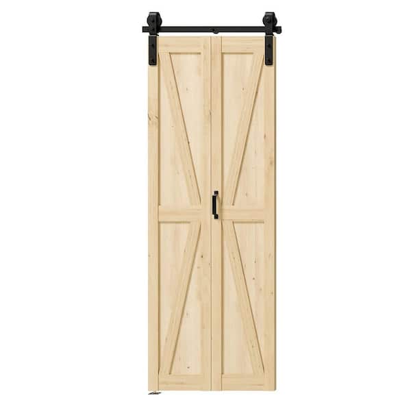 36 in. x 84 in. K Shape Primed Pine Wood Bi-Fold Style Sliding Barn Door Slab with Hardware Kit