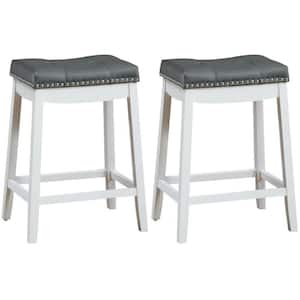 24 in. White and Gray Backless Wooden 24 in. Nailhead Bar Stools with Padded-Seat (Set of 2)
