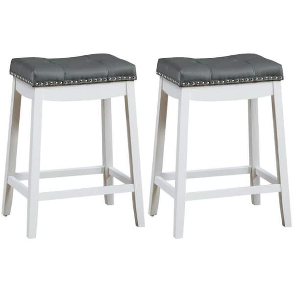 FORCLOVER 24 in. White and Gray Backless Wooden 24 in. Nailhead Bar Stools with Padded-Seat (Set of 2)