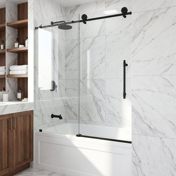 Elan Hart 56 to 60 in. W x 66 in. H Sliding Frameless Tub Door in Matte Black with 3/8 in. (10mm) Clear Glass