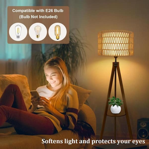Boho 59 in. Brown Mid Century 1-Light Smart Tripod Floor Lamp for Living Room with Rattan, Fabric Tripod Shade, Shelf