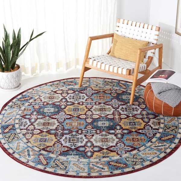 Bayside Blue/Red 7 ft. x 7 ft. Machine Washable Border Plaid Round Area Rug