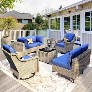 Supery Gray 8-Piece Wicker Patio Conversation Set with Navy Blue Cushions and Swivel Rocking Chairs