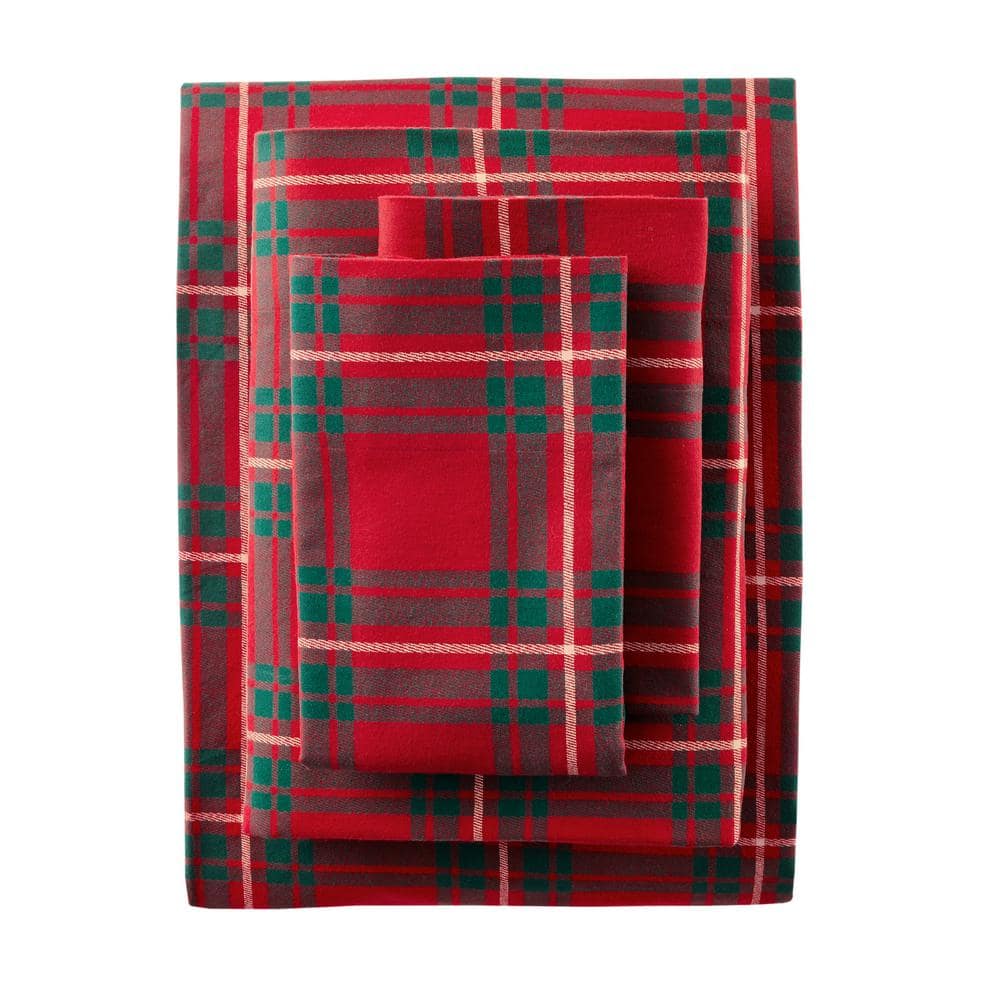 4-Piece Red Twill Plaid Cotton Flannel King Sheet Set