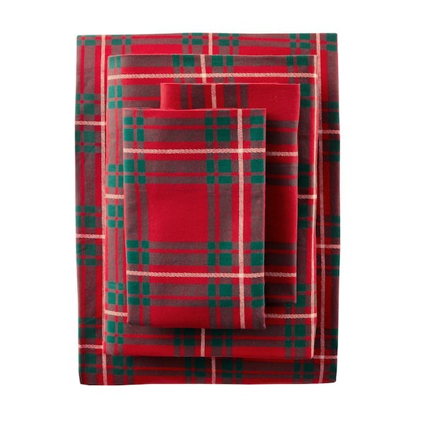 Home Decorators Collection 4-Piece Red Twill Plaid Cotton Flannel Queen Sheet Set