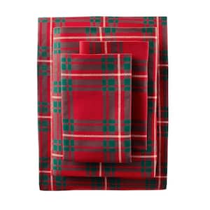 3-Piece Red Twill Plaid Cotton Flannel Twin Sheet Set