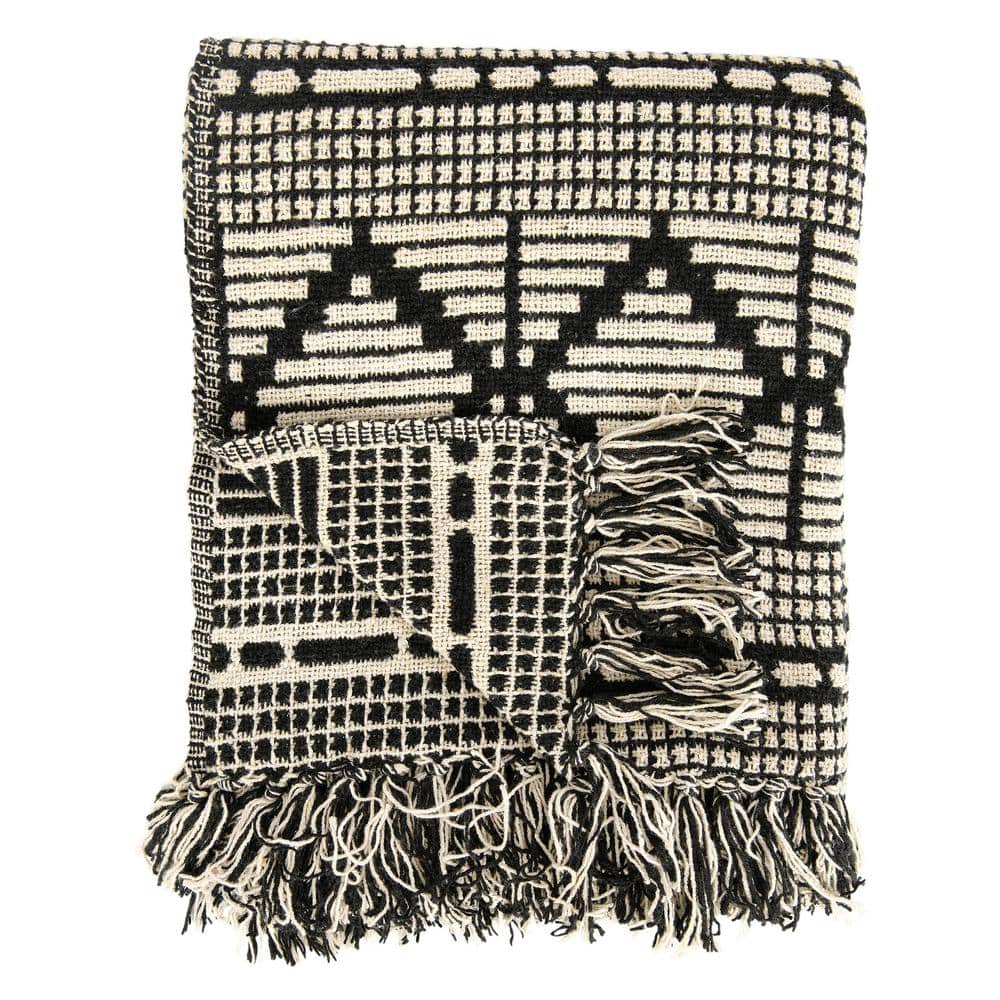 Bloomingville Black & Beige Diamond-Patterned Cotton Blend Throw with Fringe