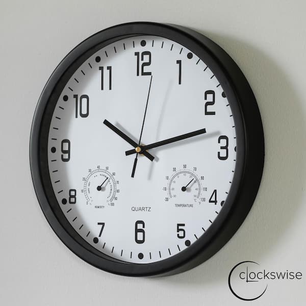 CLOCKSWISE 12 in. Non-Ticking Wall Clock Thermometer, Hygrometer