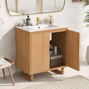 30 in. x 18 in. x 34 in. Transitional Freestanding Bath Vanity Burly Wood Cabinet in Brown with White Caremic Sink Top