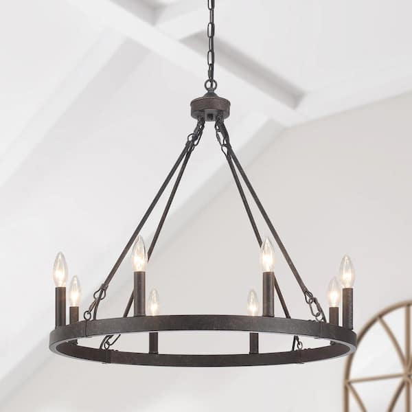 8-Light Antique Black Circle Candle Design Linear Chandelier Lighting Wagon Wheel Chandelier for Kitchen Island