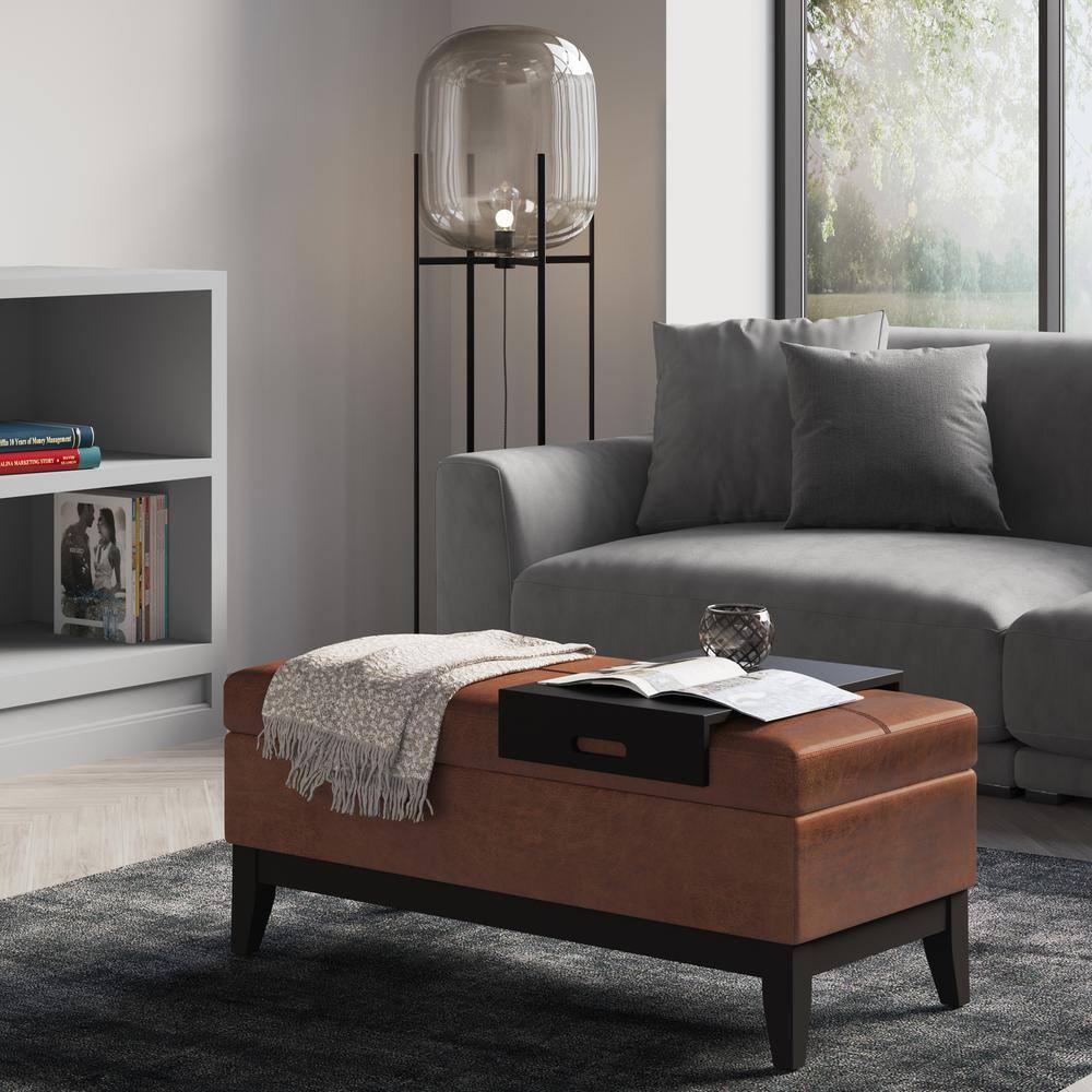 Distressed Saddle Brown Tufted Faux Leather Footstool with Tray