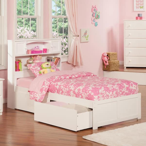 Newport White Twin XL Solid Wood Storage Platform Bed with Flat Panel Foot Board and 2 Bed Drawers
