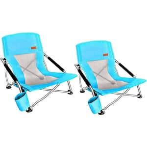 Beach Chair for Adults, Low Beach Camping, Folding Chair, Shoulder Strap, Cup Holder, Steel Frame 300 lbs. (Blue 2-Pack)