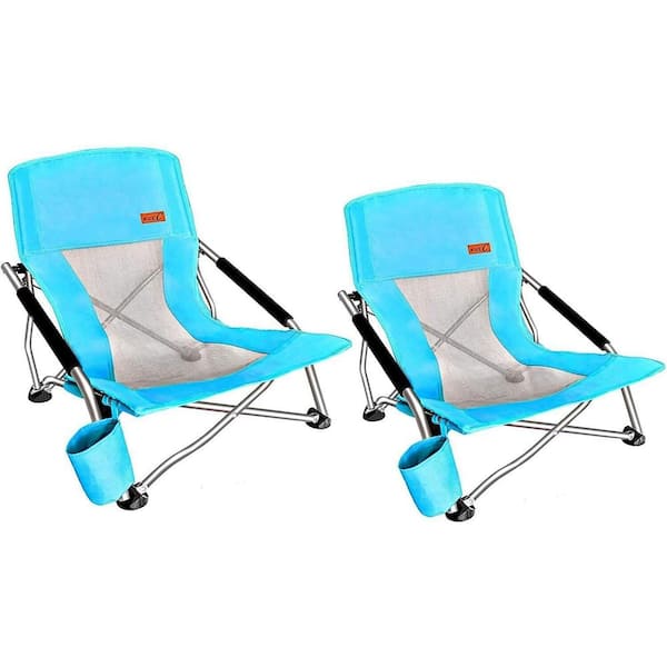 NICE C Beach Chair for Adults, Low Beach Camping, Folding Chair, Shoulder Strap, Cup Holder, Steel Frame 300 lbs. (Blue 2-Pack)