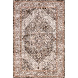 Sanna Distressed Medallion Machine Washable Brown 5 ft. x 8 ft. Traditional Area Rug